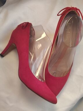 Kelly & Katie Red Suede Pointed-Toe Mid Heels with Clear Panel